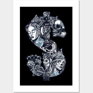 Dollar Skull Tattoo Posters and Art